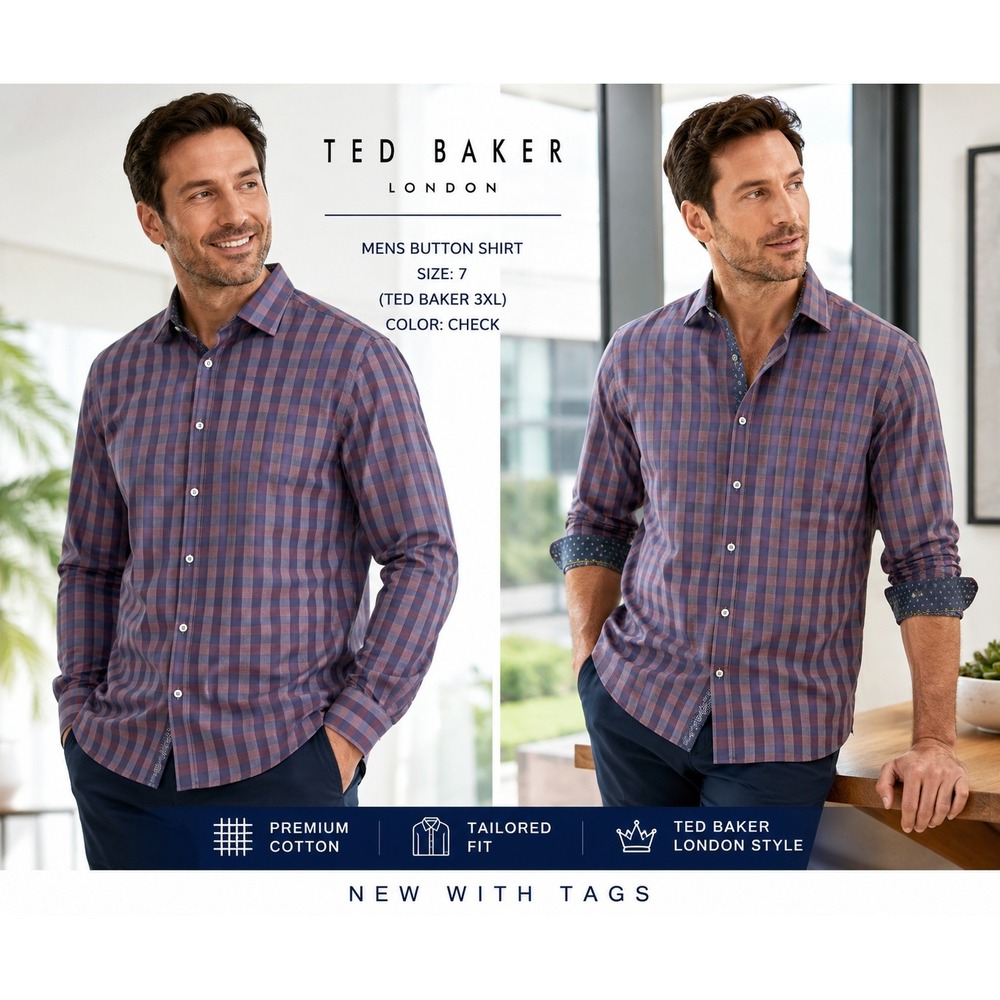 NWT Ted Baker London Men's 7=3XL Plaid Check Shirt Burgundy Blue Cotton #1869
